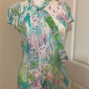 Escada Sport Abstract Watercolor Tie Neck Puff Sleeve cotton blouse